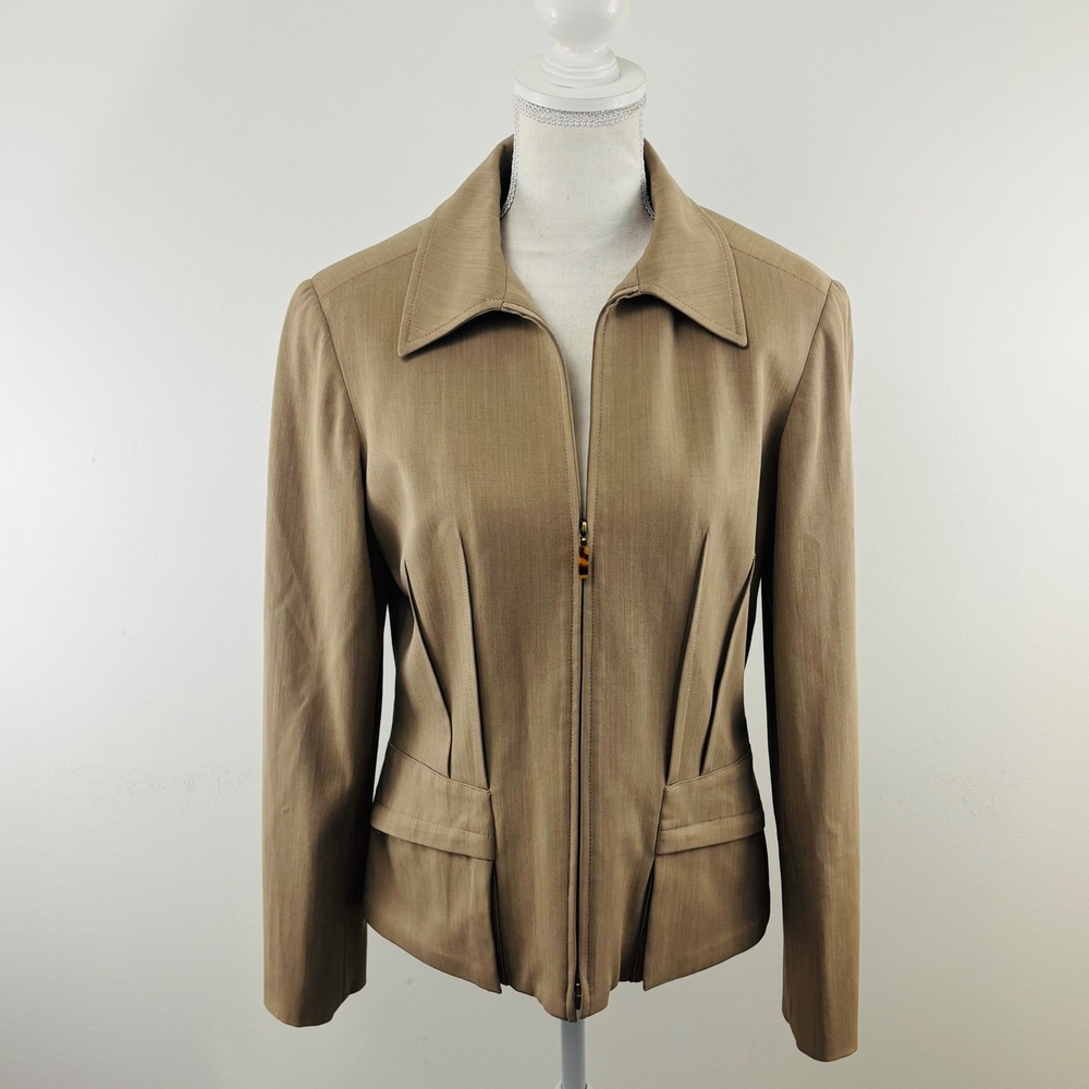 Etcetera Tan Wool Blend Zip Up Tailored Blazer Jacket Size 8 Pleated Waist
